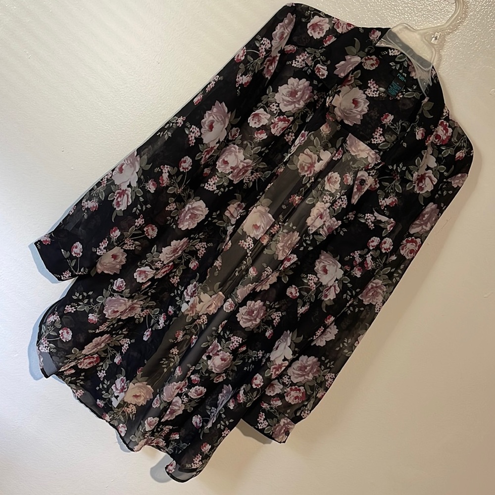 Sheer long button down floral shirt